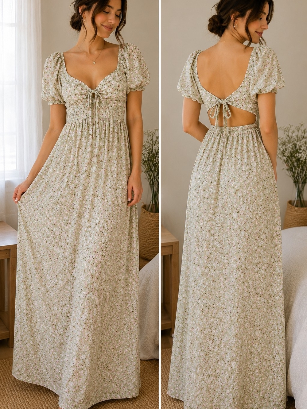 Streetwear Society Cream Floral Maxi Dress with Puff Sleeves